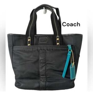 Coach Black Hampton Nylon Tote with Teal Accents